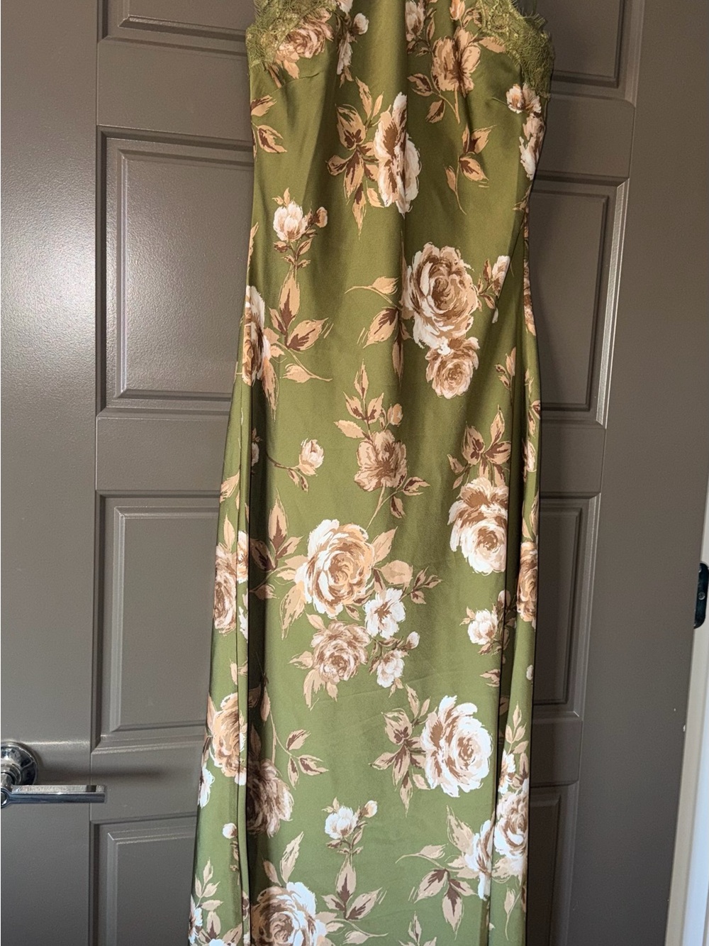 Blu Pepper Olive Green Floral Maxi Slip Dress with Cream Roses